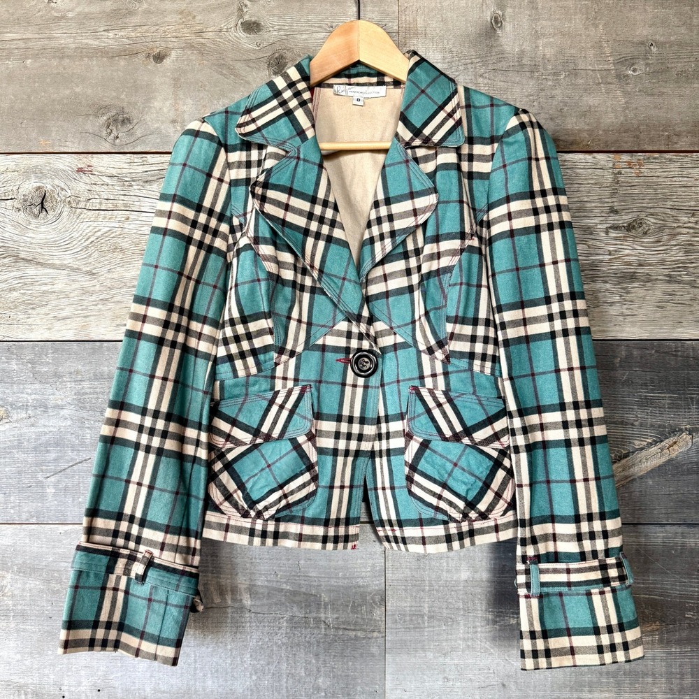 Renfrew Collection Womens VTG Plaid Tailored Blazer Jacket 8 Teal Academia Twee